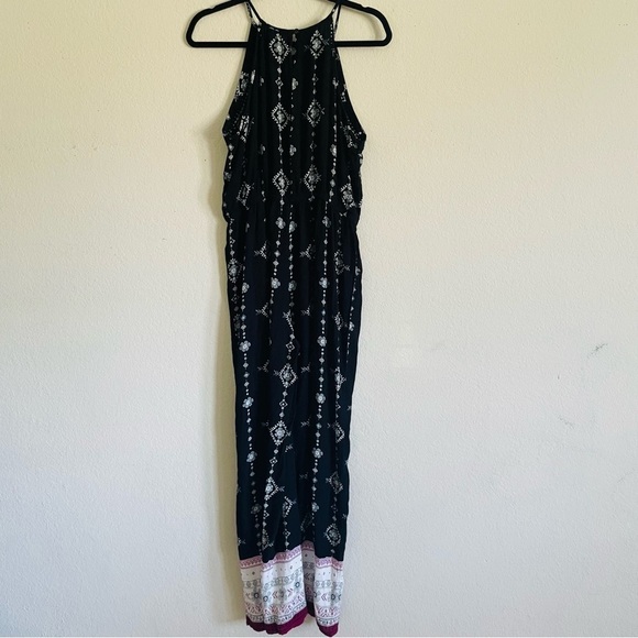 Woman's floral black jumpsuit cinched waist size L wide leg summer bohemian chic - Picture 10 of 11